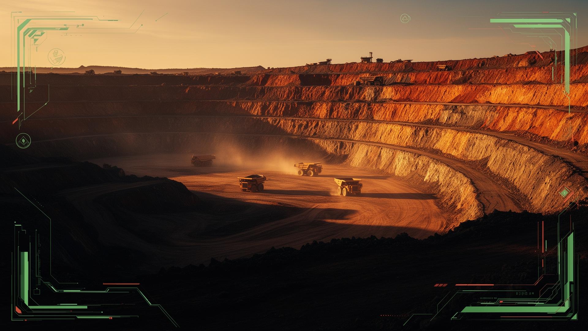 Open-pit copper mine at golden hour with terraced earth walls